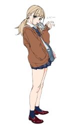 Rule 34 | 1girl, ankle socks, blonde hair, blunt bangs, cardigan, green eyes, highres, legs, loafers, looking at viewer, miniskirt, original, pleated skirt, ponytail, ribbon, school uniform, shoes, simple background, skirt, socks, solo, tongue, tongue out, v, ymsk