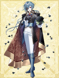 Rule 34 | 1boy, :d, black cape, black flower, black gloves, black jacket, black rose, blue bow, blue bowtie, blue footwear, blue hair, boots, bow, bowtie, braid, brooch, brown cape, buttons, cape, collared cape, cuff links, cummerbund, dairoku ryouhei, domino mask, double-breasted, falling petals, fangs, flower, fold-over boots, french braid, frilled sleeves, frills, full body, gem, giving, gloves, gold trim, hair between eyes, half mask, hand on own chest, highres, holding, holding flower, jacket, jewelry, knee boots, long hair, long sleeves, looking at viewer, low ponytail, male focus, mask, open mouth, pants, patterned clothing, petals, red eyes, red gemstone, rose, smile, solo, two-sided cape, two-sided fabric, white pants, yellow background, yusa tk74