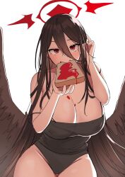 Rule 34 | 1girl, black hair, black leotard, black wings, blue archive, blush, bread slice, breasts, cleavage, covered erect nipples, eating, emirio (emirio110), feathered wings, food, food on body, food on face, hair behind ear, hair between eyes, halo, hasumi (blue archive), holding, huge breasts, jam, leotard, long hair, looking at viewer, low wings, off shoulder, red eyes, see-through, simple background, solo, toast, very long hair, white background, wings