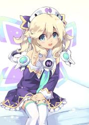 Rule 34 | 10s, 1girl, absurdres, blonde hair, blue eyes, book, hair ornament, hat, highres, histoire, long hair, looking at viewer, neptune (series), normaland, open mouth, short hair, smile, solo, thighhighs, twintails, wings