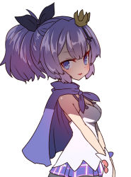 Rule 34 | 1girl, :p, azur lane, bare shoulders, black bow, blue capelet, blue eyes, bow, breasts, capelet, crown, from side, gloves, hair bow, javelin (azur lane), medium breasts, mini crown, pleated skirt, ponytail, purple hair, purple skirt, simple background, skirt, smile, solo, sumiyao (amam), tongue, tongue out, upper body, vest, white background, white gloves, white vest