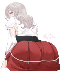 Rule 34 | 1girl, armpit cutout, ass, ass focus, blurry, blurry foreground, blush, brown eyes, clothing cutout, dated, from behind, grey hair, hair between eyes, highres, kantai collection, long hair, long sleeves, looking back, pola (kancolle), red skirt, shishanmo, signature, simple background, sitting, skirt, solo, wavy hair, white background