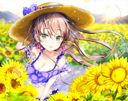 Rule 34 | 1girl, arm up, bare shoulders, blurry, blurry background, blush, bow, breasts, brown hair, cleavage, collarbone, commentary request, day, depth of field, earrings, field, flower, flower field, green eyes, hair between eyes, hat, hat bow, jewelry, keepout, long hair, looking at viewer, medium breasts, original, outdoors, parted lips, purple bow, see-through, solo, straw hat, sunflower, sunflower field, sunlight, very long hair, yellow flower