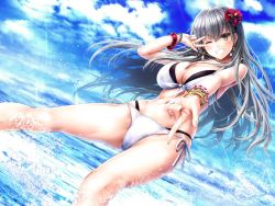 Rule 34 | 1girl, alternate hair color, bangle, bare shoulders, bikini, blue sky, blush, bracelet, breasts, cleavage, cloud, day, earrings, flower, glint, gold, grey hair, grin, hair between eyes, hair flower, hair ornament, hairclip, jewelry, kantai collection, large breasts, long hair, looking at viewer, navel, necklace, one eye closed, outdoors, ring, side-tie bikini bottom, sidelocks, skindentation, sky, smile, solo, splashing, stomach, suien, suzuya (kancolle), swimsuit, thighs, v, wading, wedding band, white bikini