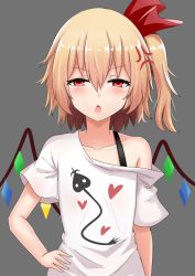 Rule 34 | 1girl, anger vein, bare shoulders, blonde hair, blush, bra strap, chinese commentary, commentary request, crystal, flandre scarlet, grey background, hair between eyes, hair ribbon, hand on own hip, heart, highres, laevatein, looking at viewer, no headwear, off-shoulder shirt, off shoulder, one side up, open mouth, red eyes, red ribbon, ribbon, shirt, short hair, short sleeves, simple background, solo, t-shirt, touhou, upper body, white shirt, wings, wuwusan