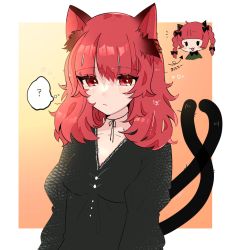 Rule 34 | 1girl, :3, :d, ?, alternate hairstyle, animal ear fluff, animal ears, blush stickers, braid, breasts, cat ears, cat tail, chibi, chibi inset, choker, dress, expressionless, grey dress, hair down, highres, kaenbyou rin, long hair, looking at viewer, medium breasts, messy hair, multiple tails, necono (nyu6poko), nekomata, open mouth, pink background, red eyes, red hair, ribbon choker, smile, solo, spoken question mark, tail, thought bubble, touhou, twin braids, twintails, two tails, upper body