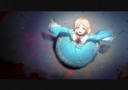 Rule 34 | 1girl, blonde hair, blood, blood on clothes, blood splatter, blue dress, blue eyes, brown hair, character request, copyright request, dress, lace, lace-trimmed dress, lace-trimmed sleeves, lace trim, letterboxed, looking at viewer, looking up, magic circle, smile, solo, wide sleeves, xuehua