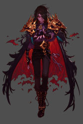 Rule 34 | 1boy, absurdres, armor, bat (animal), belt, black cape, black gloves, black hair, blood mage (dungeon and fighter), boots, cape, closed mouth, colored skin, dungeon and fighter, fingerless gloves, fingernails, frown, gloves, gold, gold trim, hair over one eye, highres, hong da, long fingernails, long hair, male focus, male mage (dungeon and fighter), multicolored cape, multicolored clothes, pauldrons, pointy ears, purple skin, red cape, red eyes, sharp fingernails, shoulder armor, simple background, skull, solo, torn cape, torn clothes, two-sided cape, two-sided fabric, vampire, vampire (game)