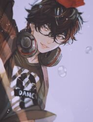 Rule 34 | 1boy, amamiya ren, arm up, black hair, bubble, commentary request, glasses, gloves, grey background, grey eyes, hair between eyes, headphones, headphones around neck, looking at viewer, male focus, parted lips, persona, persona 5, persona 5: dancing star night, persona dancing, red gloves, sageo yn, short hair, simple background, smile, solo, upper body