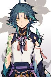 Rule 34 | 1boy, ahoge, aqua hair, arm tattoo, asymmetrical clothes, bead necklace, beads, blue hair, closed mouth, facial mark, flower, forehead mark, genshin impact, gloves, gradient hair, highres, jewelry, male focus, memna (renka roll), multicolored hair, necklace, simple background, solo, tattoo, upper body, xiao (genshin impact), yellow eyes