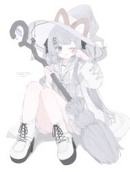 Rule 34 | 1girl, 33bun3, absurdres, black bow, blue eyes, bow, broom, commission, commissioner name, cross, cross-laced clothes, cross-laced sleeves, cross necklace, dot nose, dress, full body, grey hair, hair bow, hair ornament, hat, hat with ears, heart sticker, highres, hime cut, holding, holding broom, jewelry, long hair, necklace, on floor, original, platform footwear, pleated skirt, simple background, sitting, skeb commission, skirt, solo, sticker on face, tearing up, thank you, twitter username, two side up, upskirt, watermark, white background, witch hat, x hair ornament