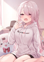 Rule 34 | 1girl, absurdres, barefoot, black shorts, blush, bow, breasts, clothes writing, commentary request, eyes visible through hair, hair over one eye, hand up, highres, hood, hoodie, indoors, long hair, long sleeves, looking at viewer, low twintails, medium breasts, nijisanji, open mouth, partial commentary, pink hair, purple eyes, red bow, shiina yuika, short shorts, shorts, sitting, sleepy, solo, squeans, sweater, twintails, very long hair, virtual youtuber, waking up, wariza, white hoodie, yawning, yuzutouhu ika