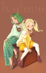 Rule 34 | 2girls, akimoto komachi, black hairband, black ribbon, blonde hair, brooch, brown background, brown footwear, checkered clothes, checkered skirt, chocolate, collared shirt, english text, flats, green eyes, green hair, green shirt, green skirt, grin, hair pulled back, hair ribbon, hairband, jewelry, jj (ssspulse), kasugano urara (yes! precure 5), layered clothes, long skirt, medium hair, miniskirt, multiple girls, off-shoulder shirt, off shoulder, open mouth, oversized food, oversized object, precure, ribbon, shirt, shoes, short hair, simple background, sitting, skirt, smile, thighhighs, twintails, v arms, valentine, white legwear, white shirt, wind, wing collar, yellow eyes, yellow shirt, yes! precure 5