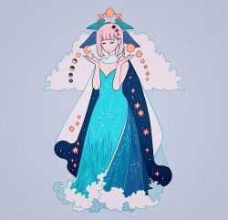 Rule 34 | 1girl, aqua dress, blue cape, blue dress, blue feathers, blue wings, cape, closed eyes, cloud, constellation print, crescent moon, dress, feathered wings, feathers, grey background, hair ornament, head wings, highres, meyoco, moon, moon phases, no nose, original, pink hair, sea spray, simple background, star (sky), star (symbol), star print, sun, white cape, wings