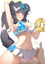 Rule 34 | 1boy, 1girl, @ @, absurdres, animal ears, arm up, armpits, band (skymole01), bare arms, bare shoulders, black hair, blue archive, blue eyes, blunt bangs, blush, breasts, cleavage, commentary, crop top, dark-skinned male, dark skin, goggles, goggles on head, hand up, hibiki (blue archive), hibiki (cheer squad) (blue archive), highres, holding, holding pom poms, large breasts, long hair, microskirt, midriff, millennium cheerleader outfit (blue archive), navel, open mouth, panties, pleated skirt, pom pom (cheerleading), pom poms, skirt, solo focus, star (symbol), stomach, thick thighs, thighs, thumbs up, underwear, white panties, white skirt