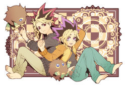 Rule 34 | 2boys, barefoot, blonde hair, casual, checkered background, chesha, clenched hand, duel monster, dyed bangs, full body, green pants, kuriboh, male focus, multicolored hair, multiple boys, muto yugi, out of frame, pants, pink eyes, purple hair, red hair, sitting, spiked hair, two-tone hair, yami yugi, yu-gi-oh!, yu-gi-oh! duel monsters