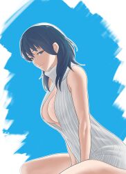 Rule 34 | 1girl, alternate costume, bare shoulders, blue eyes, blue hair, breasts, byleth (female) (fire emblem), byleth (fire emblem), closed mouth, clothing cutout, commentary, english commentary, fire emblem, fire emblem: three houses, highres, large breasts, long hair, nintendo, pomelomelon, sleeveless, sleeveless sweater, smile, sweater, turtleneck, turtleneck sweater, white sweater