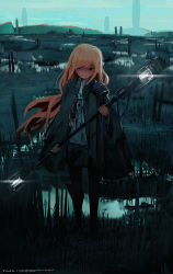 Rule 34 | 1girl, absurdres, armor, artist name, blonde hair, cloak, dawn, female focus, fog, highres, holding, holding staff, jewelry, lantern, lolico box, long hair, necklace, original, outdoors, shoulder armor, smile, solo, staff, standing, wetland