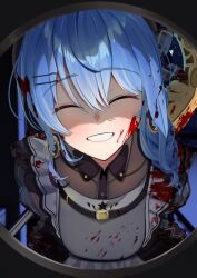 Rule 34 | 1girl, axe, blood, blood in hair, blood on clothes, blood on face, blue hair, closed eyes, closed mouth, highres, holding, holding axe, holding weapon, hololive, hoshimachi suisei, hoshimachi suisei (maid), kurenaiaoi0, official alternate costume, smile, solo, virtual youtuber, weapon