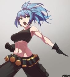Rule 34 | 1girl, angry, armpits, bare shoulders, blue eyes, blue hair, breasts, cargo pants, cleavage, earrings, gas can, gloves, highres, jewelry, large breasts, leona heidern, long hair, mason (ohn0500), midriff, military, muscular, muscular female, navel, open mouth, pants, ponytail, soldier, solo, tank top, the king of fighters, the king of fighters xiii