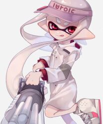 Rule 34 | 1girl, :q, gun, holding, holding gun, holding weapon, inkling, inkling girl, inkling player character, jacket, leg up, long hair, looking at viewer, machine gun, nintendo, pointy ears, red eyes, sahata saba, shoes, simple background, sneakers, splatoon (series), tongue, tongue out, v-shaped eyebrows, visor cap, weapon, white background, white footwear, white hair, white jacket