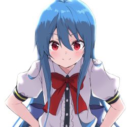Rule 34 | 1girl, amano kouki, blue bow, blue hair, blush, bow, closed mouth, collared shirt, commentary request, dress shirt, hair between eyes, highres, hinanawi tenshi, long hair, looking at viewer, red bow, red eyes, shirt, simple background, smile, solo, touhou, upper body, very long hair, white background, white shirt