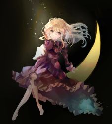 Rule 34 | 1girl, absurdres, black background, blonde hair, bow, crescent, crescent moon, dress, frilled dress, frilled sleeves, frills, full body, hair between eyes, highres, long hair, long sleeves, maribel hearn, minus (sr mineka), moon, on crescent, open mouth, purple dress, simple background, solo, touhou, white bow, yellow eyes