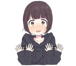 Rule 34 | 1girl, black hoodie, blush, brown hair, hood, hoodie, nanase kurumi (menhera-chan), original, pomu (joynet), short hair, solo