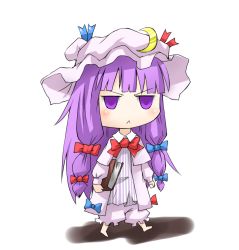 Rule 34 | 1girl, :&lt;, angry, barefoot, bloomers, book, chibi, crescent, crescent hat ornament, female focus, hat, hat ornament, long hair, patchouli knowledge, purple eyes, purple hair, solo, taker (artist), taker (flamestorm), touhou, underwear, walking