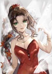 Rule 34 | 1girl, aerith gainsborough, bracelet, breasts, brown hair, cleavage, curly hair, dress, final fantasy, final fantasy vii, final fantasy vii remake, flower, green eyes, hair flower, hair ornament, hair ribbon, highres, jewelry, long hair, medium breasts, necklace, official alternate costume, open mouth, parted bangs, red dress, red flower, red ribbon, riaashii, ribbon, ringlets, sidelocks, smile, solo, square enix, upper body, wall market