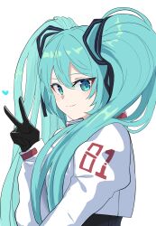 Rule 34 | 1girl, absurdres, black gloves, gloves, green eyes, green hair, hatsune miku, highres, inapple, long hair, looking at viewer, simple background, solo, twintails, vocaloid, white background