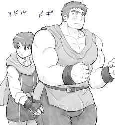 Rule 34 | 2boys, bara, belt, blush, bulge, character request, clenched hands, dragon quest, fingerless gloves, gloves, greyscale, highres, hoshieda (hoshinoedao), large pectorals, male focus, monochrome, multiple boys, muscular, muscular male, pants, pectorals, scarf, shirt, short hair, thick thighs, thighs, translation request, wristband, yaoi