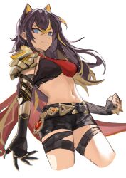 Rule 34 | 1girl, absurdres, armor, belt, black belt, black gloves, black hair, black shorts, blonde hair, blue eyes, breasts, commentary request, cropped legs, dehya (genshin impact), genshin impact, gloves, highres, large breasts, long hair, looking at viewer, midriff, multicolored hair, navel, pointy hair, shijiubashuazi, short shorts, shorts, shoulder armor, solo, standing, stomach, streaked hair, thighs