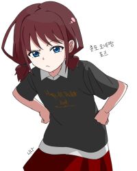 Rule 34 | 1girl, bio w5, black shirt, blush, closed mouth, girls band cry, hands on own hips, iseri nina, korean text, red hair, red skirt, shirt, short twintails, simple background, skirt, solo, translation request, twintails, white background
