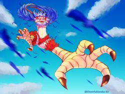 Rule 34 | 1girl, artist name, attack, blue hair, blue sky, breasts, cheerfuljonsku, claws, cloud, cloudy sky, convenient censoring, feathers, flying, harpy, harpy (terraria), highres, monster girl, navel, outdoors, red eyes, sky, solo, talons, teeth, terraria, underboob, wings