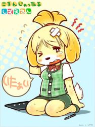 Rule 34 | 1girl, animal crossing, animal ears, bandaid, blush, bow, breasts, crossed bandaids, dog girl, dog tail, furry, furry female, injury, isabelle (animal crossing), legs together, nintendo, open mouth, shigatake, skirt, small breasts, solo, stylus, tail, tears