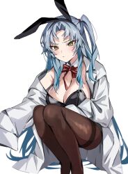 Rule 34 | 1girl, angela (project moon), animal ears, black pantyhose, blue hair, bow, bowtie, breasts, cleavage, closed mouth, detached collar, fake animal ears, highres, lab coat, large breasts, leotard, light blue hair, lobotomy corporation, long hair, long sleeves, looking at viewer, mu46016419, one side up, pantyhose, playboy bunny, project moon, rabbit ears, simple background, single bare shoulder, sleeves past fingers, sleeves past wrists, solo, traditional bowtie, white background, yellow eyes