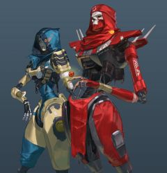 Rule 34 | 1boy, 1girl, absurdres, android, apex legends, ash (titanfall 2), bandana, black sclera, blue background, classic revenant, colored sclera, highres, humanoid robot, korean commentary, leaning back, leaning forward, loincloth, piston, red bandana, red scarf, revenant (apex legends), robot, scarf, simulacrum (titanfall), small dduck, yellow eyes