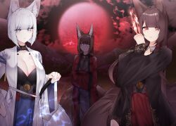 3girls absurdres akagi_(azur_lane) amagi_(azur_lane) animal_ear_fluff animal_ears azur_lane black_kimono blue_eyes breasts brown_hair brown_tail cleavage closed_mouth commentary_request cowboy_shot crossed_arms dated_commentary eyeliner fox_ears fox_girl fox_tail glowing glowing_eyes hand_on_hilt hand_on_own_hip hand_up highres japanese_clothes kaga_(azur_lane) katana kimono kitsune large_breasts long_hair long_sleeves looking_at_viewer makeup moon multiple_girls multiple_tails night night_sky outdoors purple_eyes red_eyeliner red_eyes red_moon sakuramon samip short_hair sky sword tail very_long_hair weapon white_hair white_kimono white_tail wide_sleeves