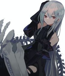 Rule 34 | 1girl, arknights, ascot, bare shoulders, between legs, black ascot, black dress, black gloves, commentary, commission, cowboy shot, dress, dutch angle, elbow gloves, expressionless, gloves, grey hair, hair between eyes, hand between legs, hand on own head, hip vent, long hair, looking at viewer, no headwear, ogami ren, red eyes, skadi (arknights), skadi (elite ii) (arknights), skeb commission, skeleton, sleeveless, sleeveless dress, solo, very long hair, white background