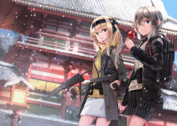 Rule 34 | 2girls, :t, animal print, artist name, ashiya saki, backpack, bag, belt, black coat, black headband, black shorts, blonde hair, blue eyes, building, candy apple, closed mouth, coat, commentary, dated, day, dreadtie, dutch angle, eating, food, grey coat, grey sweater, gun, handgun, headband, headset, highres, holding, holding food, holding gun, holding weapon, lantern, long hair, long sleeves, looking at viewer, miniskirt, mole, mole under eye, multiple girls, open clothes, open coat, open mouth, original, outdoors, safety glasses, short hair, short shorts, shorts, shukugawa sakura, signature, skirt, snowing, standing, striped clothes, striped shorts, submachine gun, sweater, temple, textless version, tiger print, turtleneck, utility belt, vertical-striped clothes, vertical-striped shorts, weapon, weapon request, white skirt, yellow sweater