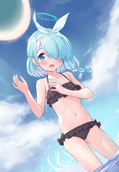 Rule 34 | 1girl, absurdres, arm up, arona (blue archive), ball, beachball, bikini, black bikini, blue archive, blue hair, blush, bow, cloud, frilled bikini, frills, fubuki rinne, hair bow, hair over one eye, halo, highres, navel, open mouth, outdoors, ribbon, short hair, sky, smile, solo, swimsuit, thighs, wading, water