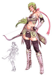 Rule 34 | 1girl, absurdres, armor, bare shoulders, bikini armor, black thighhighs, boots, bow (weapon), faulds, full body, greaves, green eyes, green hair, half-closed eyes, halterneck, hand on own hip, high heel boots, high heels, highres, holding, holding bow (weapon), holding weapon, lace, lace-trimmed legwear, lace trim, long hair, matching hair/eyes, midriff, non-web source, pelvic curtain, pointy ears, ponytail, quiver, shoes, simple background, solo, thighhighs, thighs, weapon, white background, wild flower, yamashita shun&#039;ya