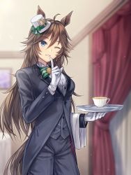 Rule 34 | 1girl, ahoge, alternate costume, animal ears, blue eyes, bow, bowtie, brown hair, butler, cup, curtains, female butler, formal, fugetsu (windmoon tw), gloves, green bow, green bowtie, hair between eyes, hair ornament, hand up, hat, hat bow, highres, holding, holding tray, horse ears, horse girl, horse tail, index finger raised, indoors, long hair, long sleeves, mini hat, mr. c.b. (umamusume), one eye closed, pant suit, pants, solo, suit, tail, teacup, towel on arm, traditional bowtie, tray, umamusume, white gloves, white hat