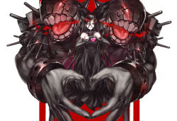 Rule 34 | 10s, 1girl, abyssal ship, battleship water oni, black dress, black gloves, breasts, collar, crossed bangs, dress, elbow gloves, gloves, heart, heart hands, horns, infukun, kantai collection, large breasts, long hair, looking at viewer, monster, open mouth, pale skin, realistic, red eyes, single horn, smile, strapless, strapless dress, teeth, turret, very long hair