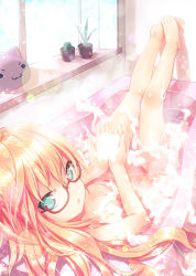 Rule 34 | 1girl, :3, :o, aqua eyes, barefoot, bath, bathing, bathroom, bathtub, blonde hair, cactus, cupping hands, feet, feet together, glasses, indoors, kiira, leaf, legs, lens flare, long hair, looking at viewer, looking back, nude, open mouth, original, own hands together, partially submerged, plant, pot, potted plant, red-framed eyewear, semi-rimless eyewear, soap bubbles, solo, under-rim eyewear, water, window