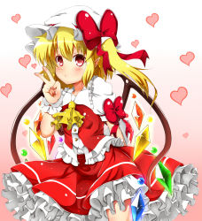 Rule 34 | 1girl, arm ribbon, arms behind back, ascot, asymmetrical hair, blonde hair, blouse, blush, crystal, flandre scarlet, frilled skirt, frills, gradient background, heart, heart background, highres, norori, peace symbol, pink background, pointy ears, pouty lips, puffy short sleeves, puffy sleeves, red eyes, red shirt, red skirt, revision, ribbon, shirt, short hair, short sleeves, side ponytail, skirt, solo, touhou, v, white shirt, wings, wrist cuffs