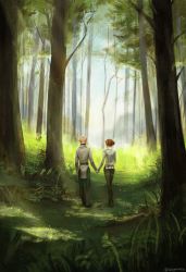 Rule 34 | 1boy, 1girl, arm behind back, artist name, bald, boots, cheetahman (1ddghfr78cswc), couple, dragon age, dragon age: inquisition, elf, forest, from behind, grass, hair bun, hetero, highres, holding hands, nature, outdoors, pants, pointy ears, red hair, shirt, single hair bun, tree, walking