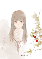 Rule 34 | 1girl, black hair, branch, chinese text, food, fruit, grey eyes, inuyasha, japanese clothes, kikyou (inuyasha), leaf, long hair, looking at viewer, miko, ribbon, simple background, sketch, solo, white background, zuoyouliangbuzhi