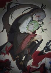 Rule 34 | 2girls, absurdres, blood, blood on face, brown eyes, brown hair, ceres fauna, chain, cleaver, corpse, death, decapitation, elisbian, empty eyes, evil grin, evil smile, green hair, grin, highres, hololive, hololive english, long hair, multiple girls, nanashi mumei, ponytail, smile, virtual youtuber, yellow eyes, yuri
